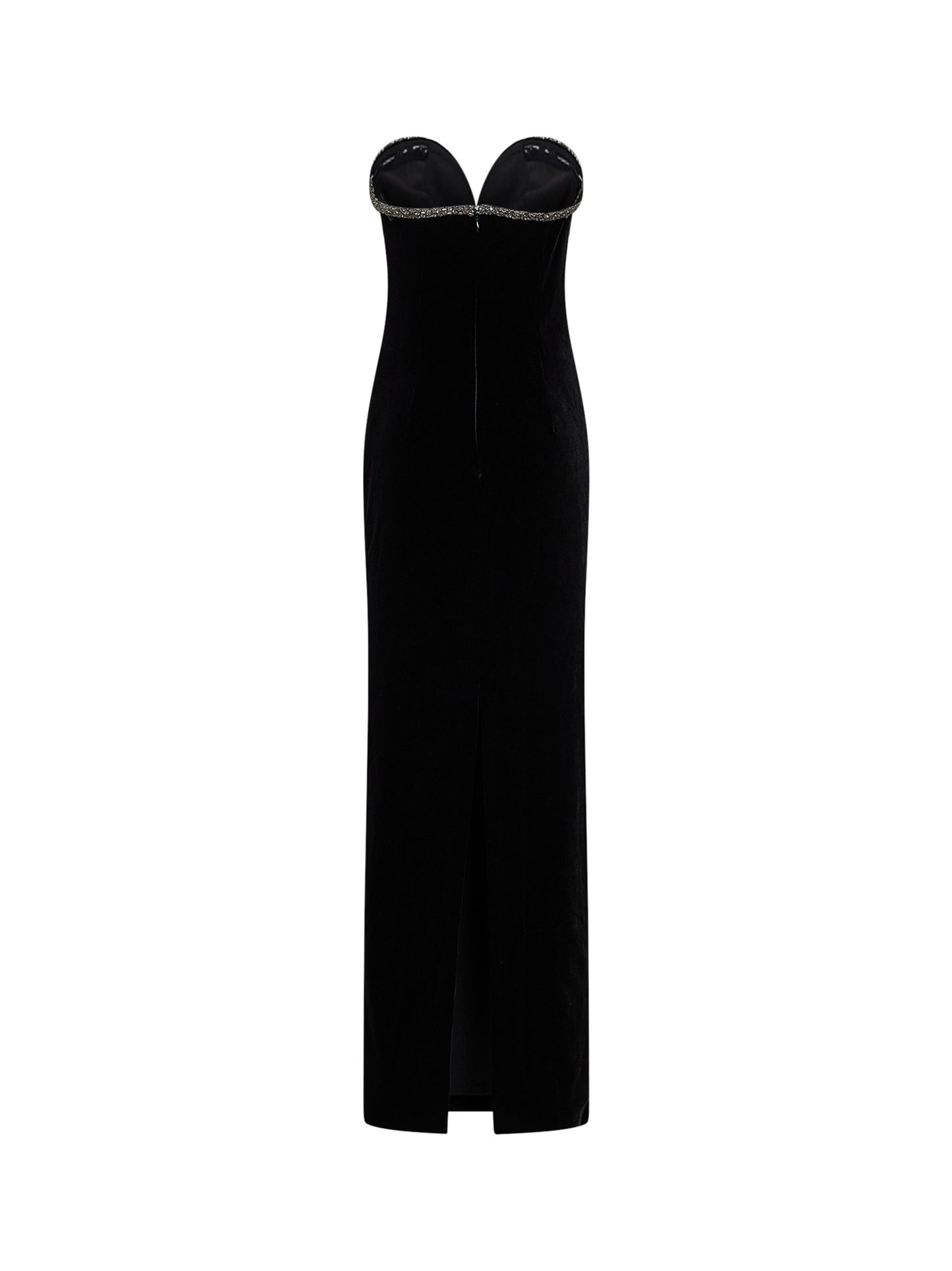 Black crystal-embellished velvet long bustier dress