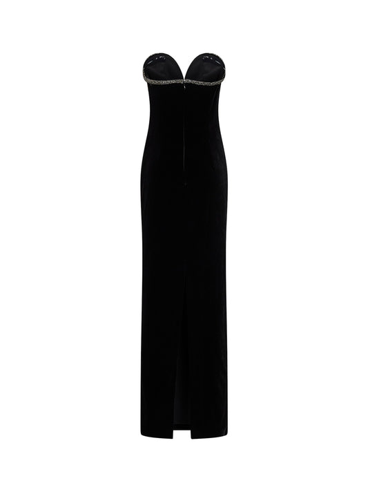 Black crystal-embellished velvet long bustier dress