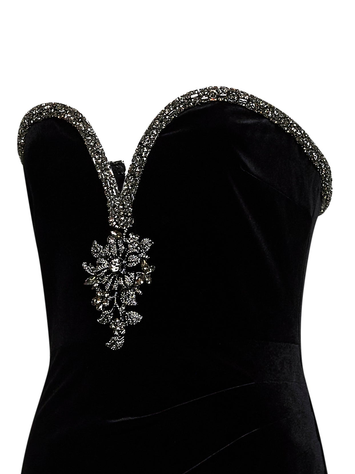 Black crystal-embellished velvet long bustier dress