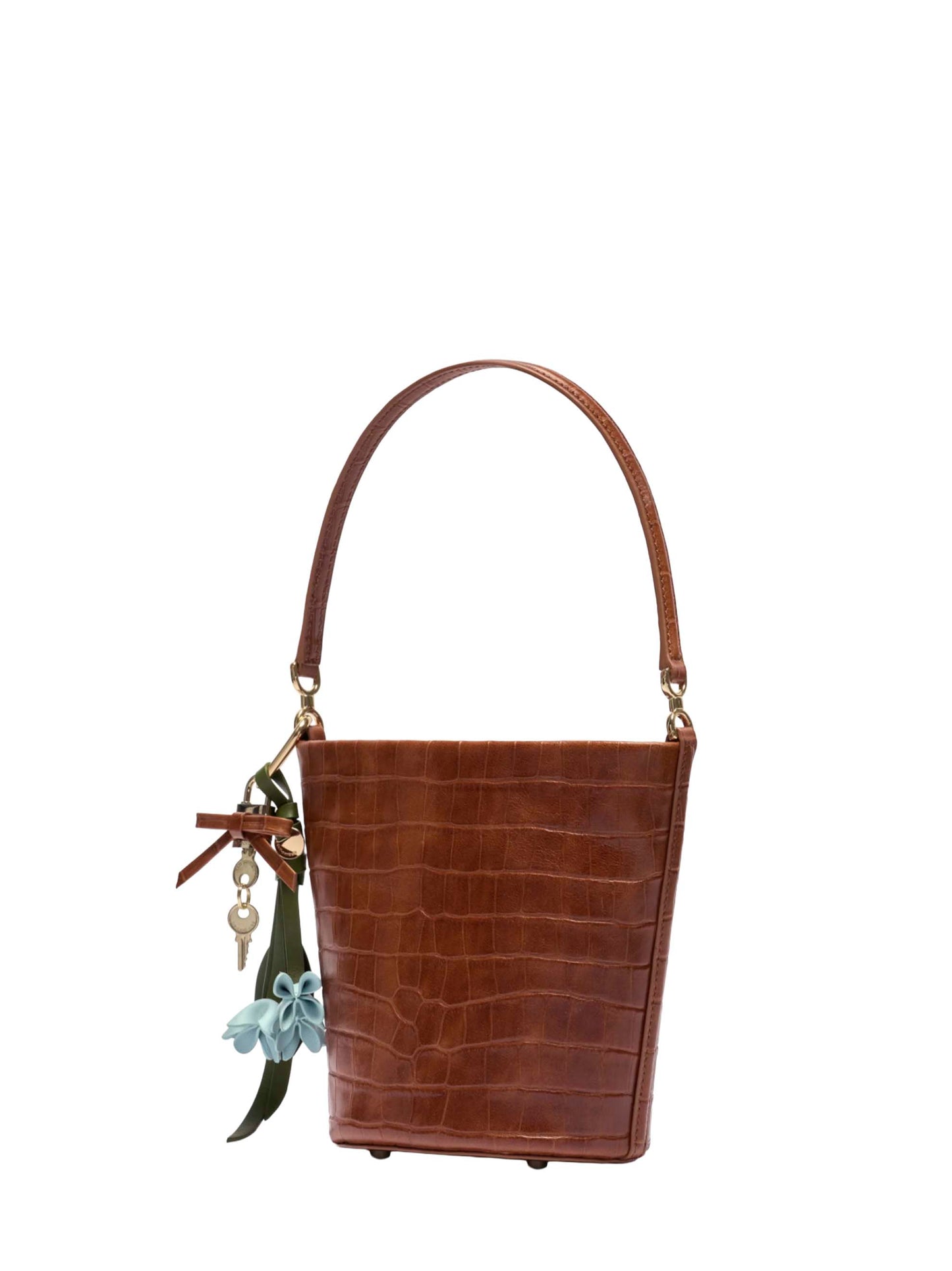 Brown bucket bag with charms
