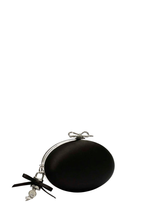 Black oval clutch with short shoulder strap