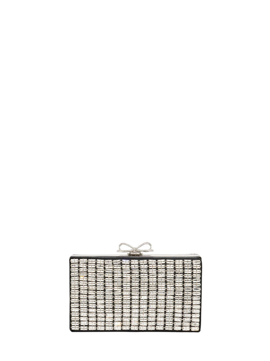 Black crystal-embellished clutch bag with shoulder strap