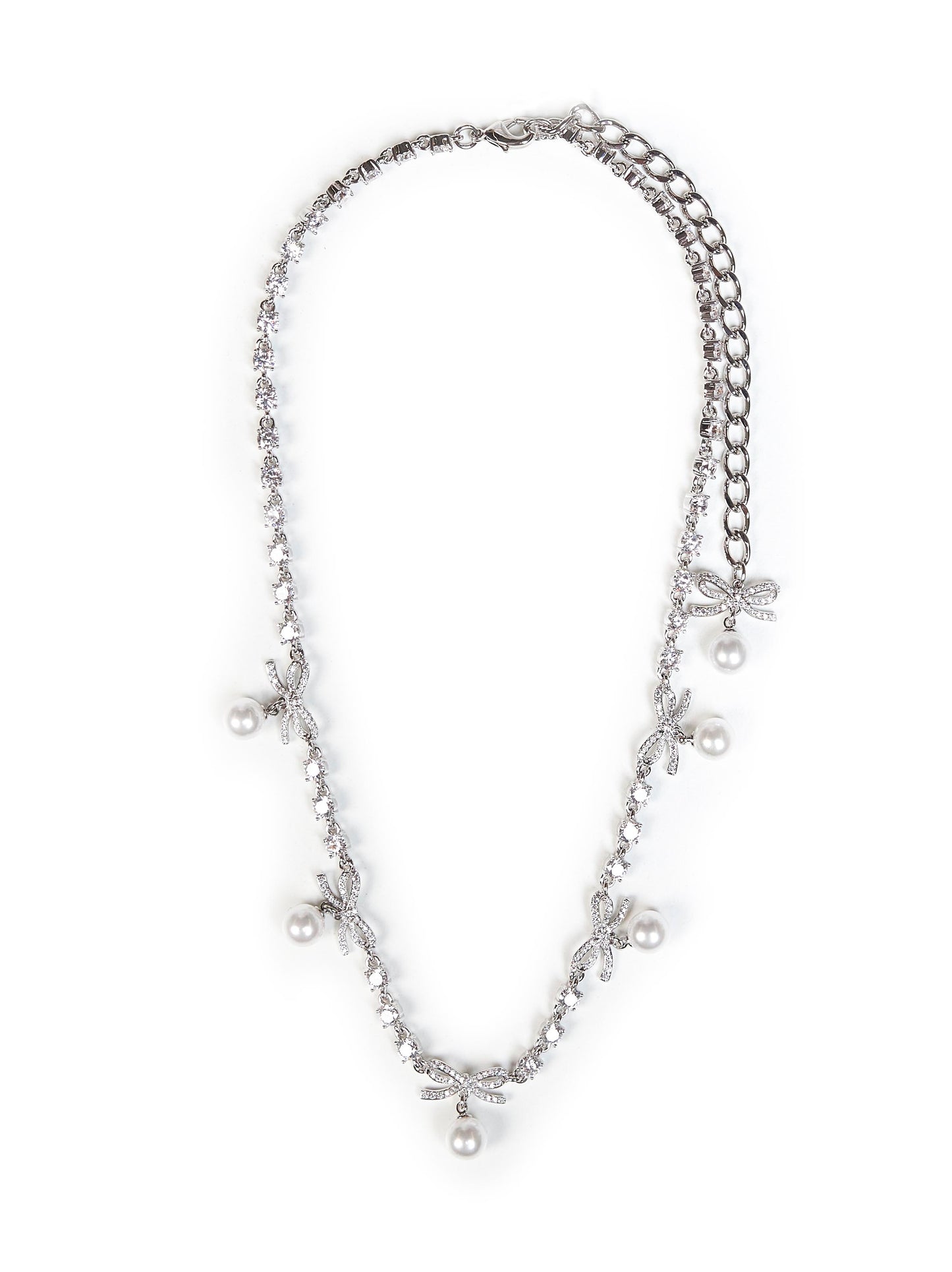 Collana con fiocchi in cristalli e ciondoli a perla argento