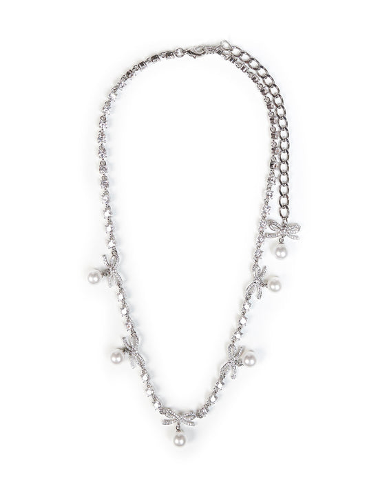 Silver crystal bow pearl charm necklace<BR/>