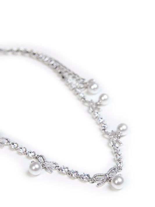 Silver crystal bow pearl charm necklace<BR/>
