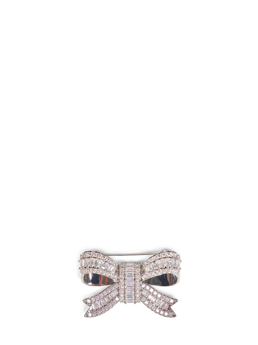 Silver crystal-embellished metal bow-shaped brooch