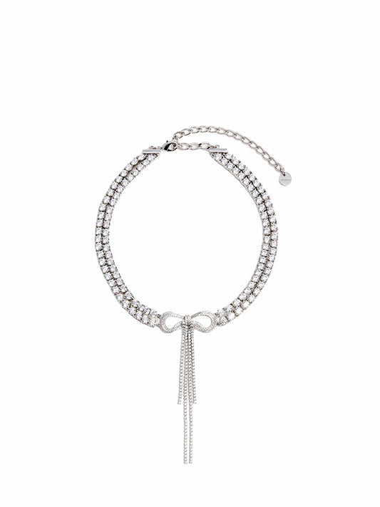 Collana choker con doppio fiocco in cristalli argento