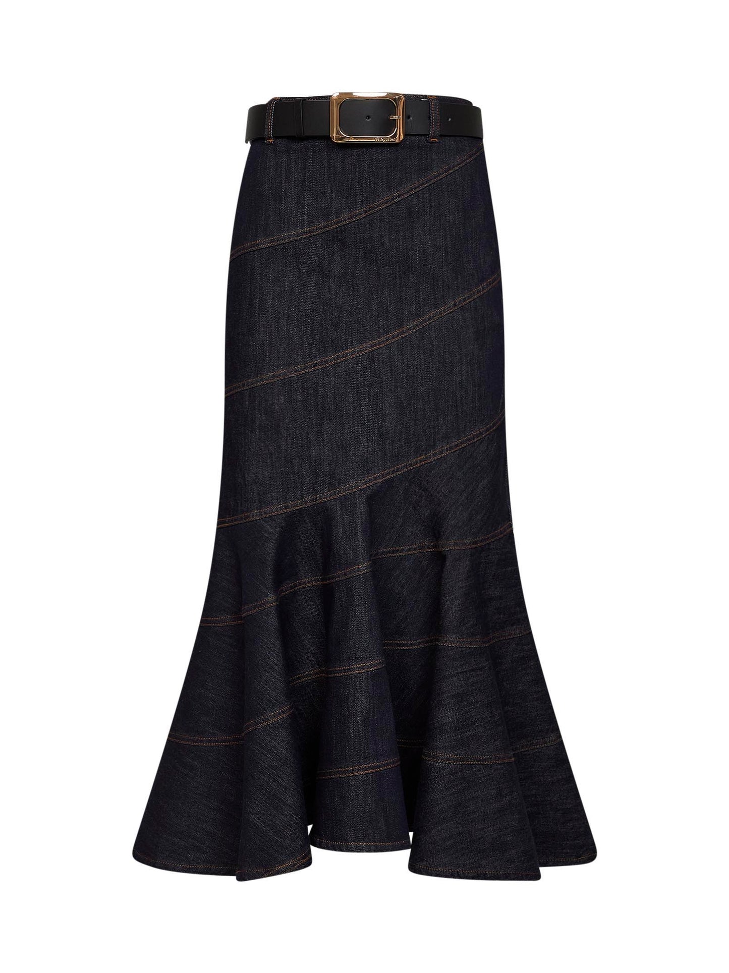 Gonna midi con cintura in denim indaco