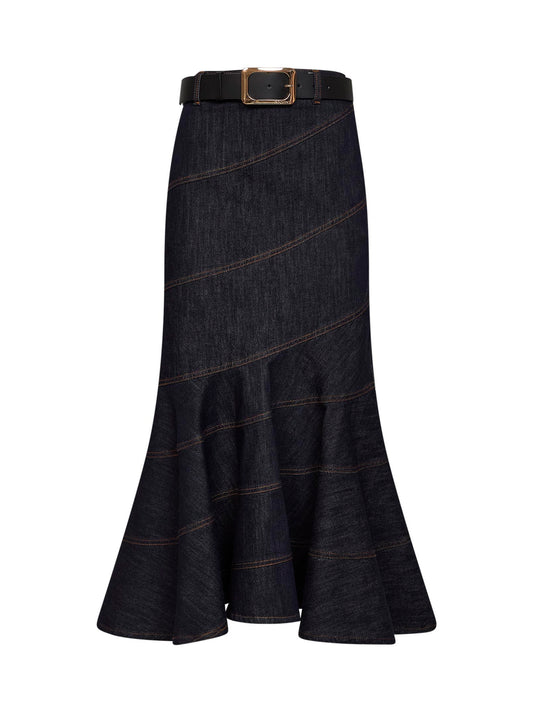 Indigo denim belted midi skirt