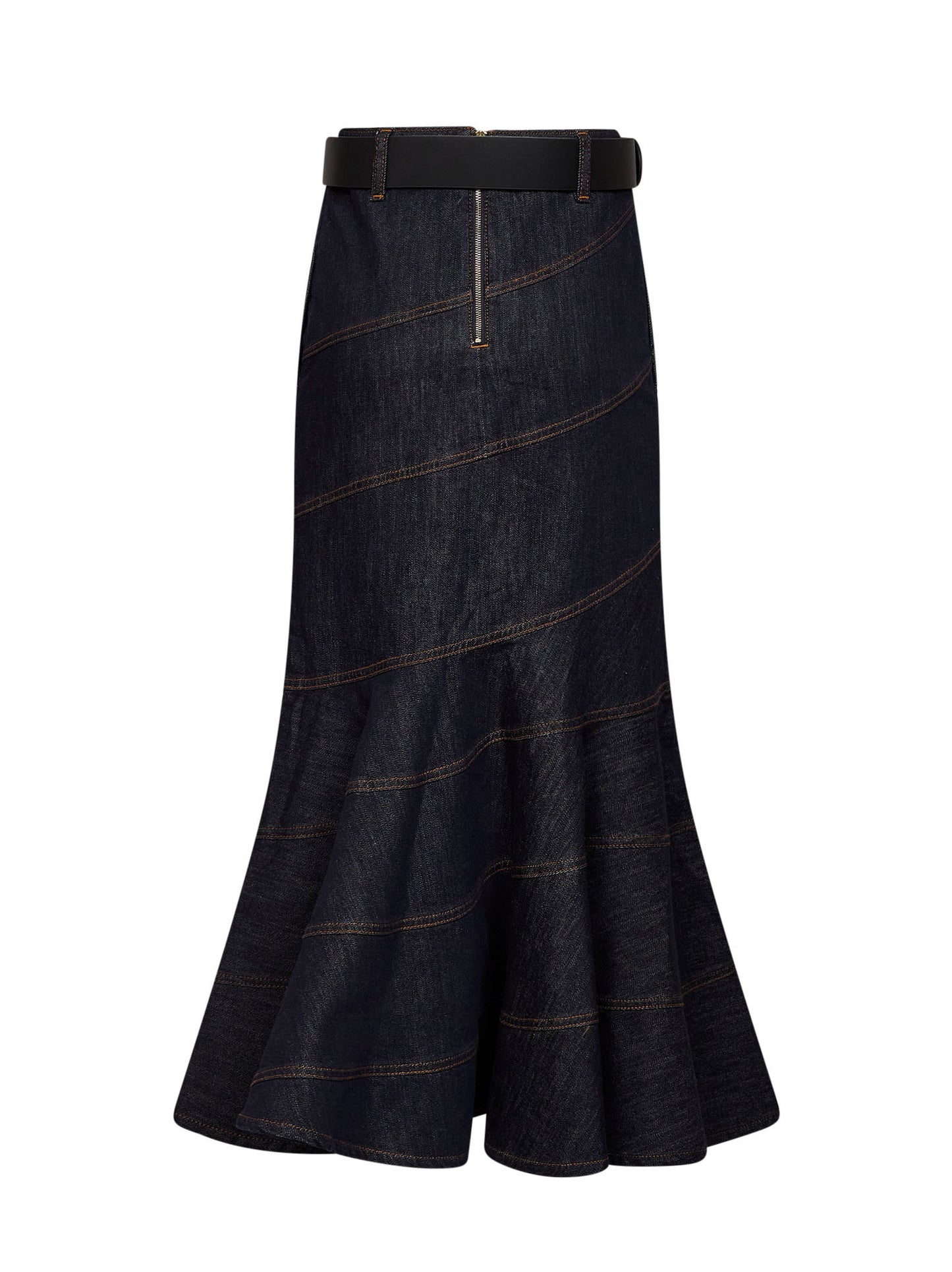 Gonna midi con cintura in denim indaco