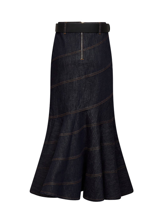 Indigo denim belted midi skirt