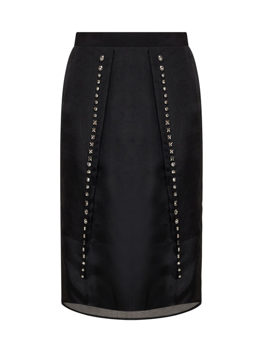 Gonna midi in organza di seta nera con cristalli