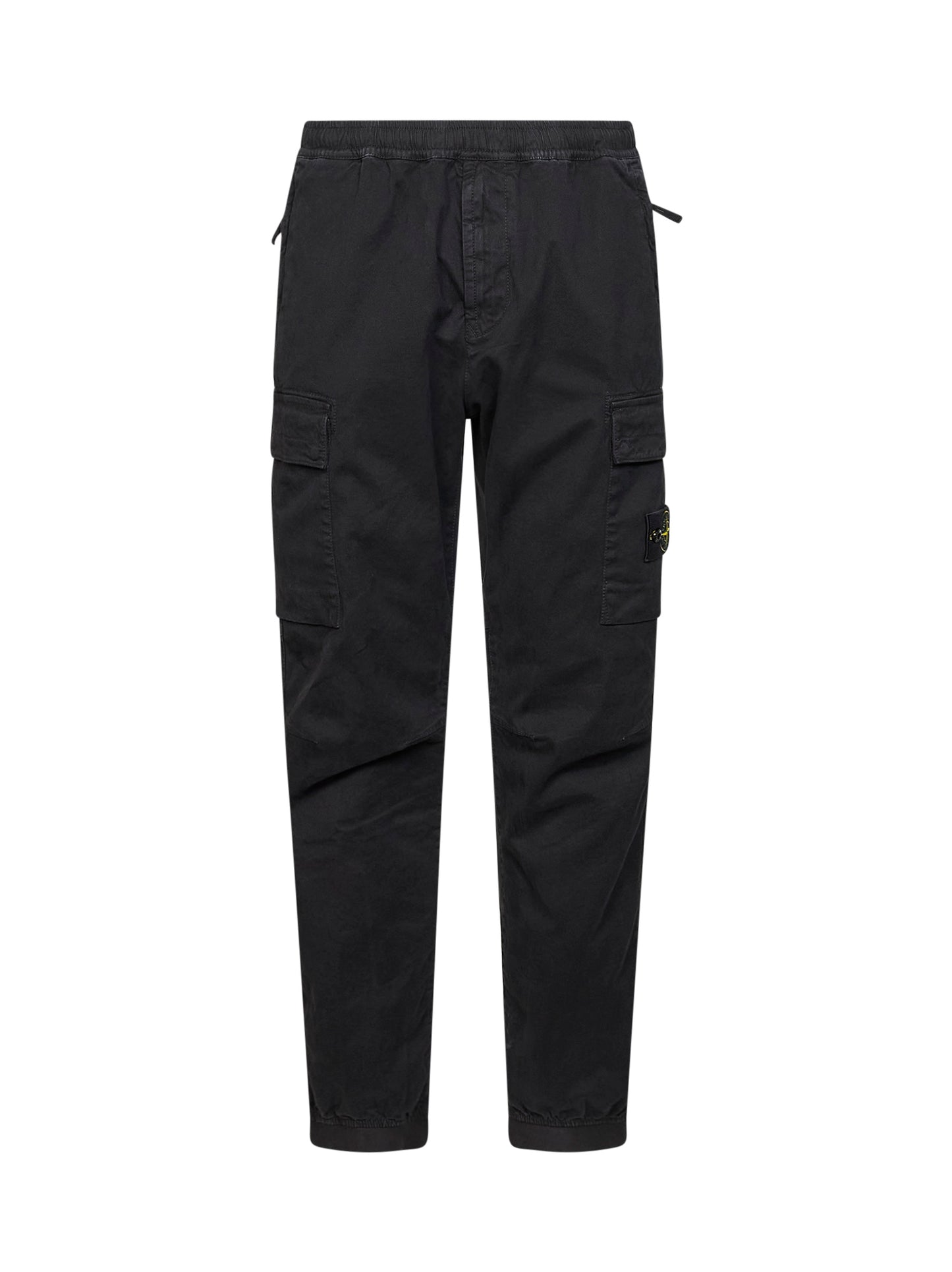 Black organic stretch broken twill cargo trousers