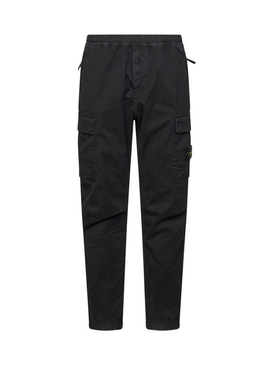 Black organic stretch broken twill cargo trousers