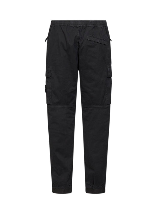 Black organic stretch broken twill cargo trousers