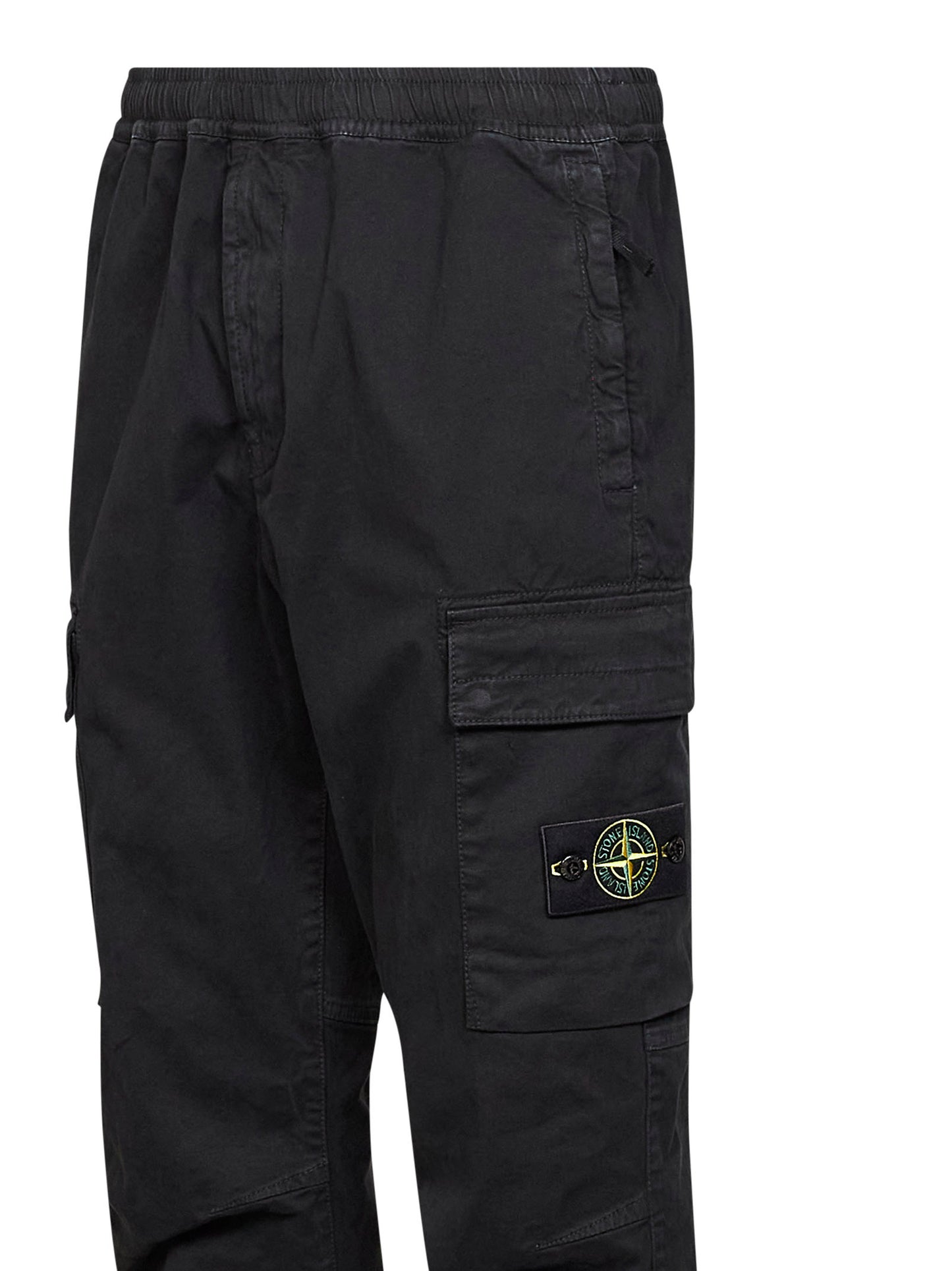 Black organic stretch broken twill cargo trousers