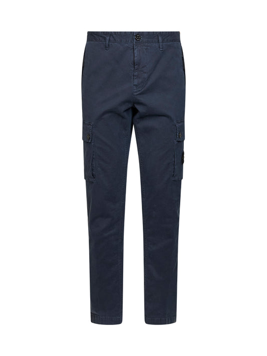 Blue organic stretch broken twill cargo trousers