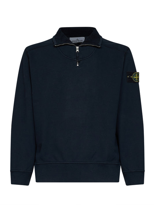 Felpa con zip corta in cotone biologico spazzolato blu