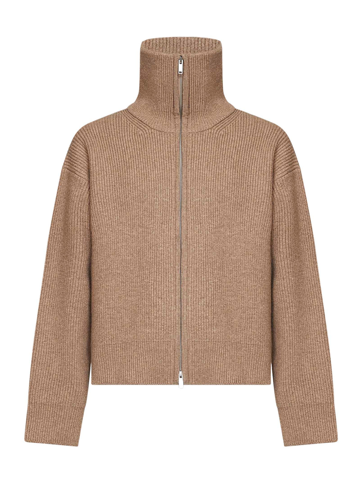 Oatmeal ribbed knit Sandos zip-up cardigan