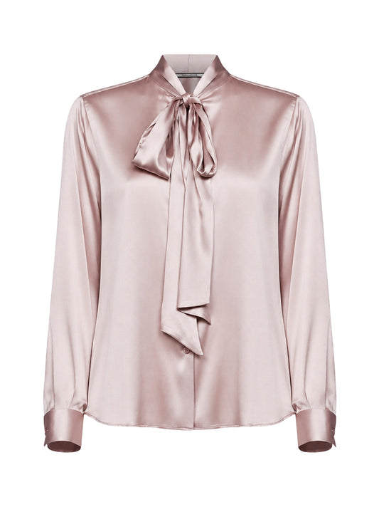 Camicia con cravatta lavallière in raso di seta stretch rosa