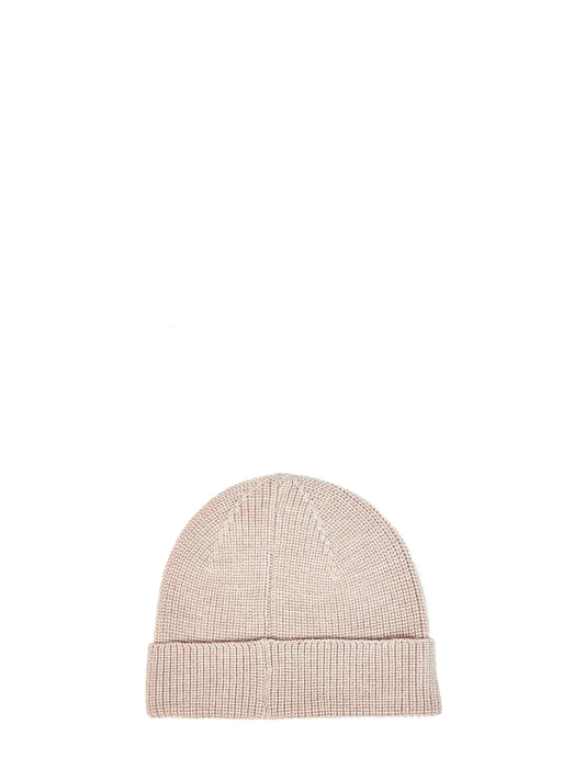 Beige merino wool knit Grouse beanie with logo