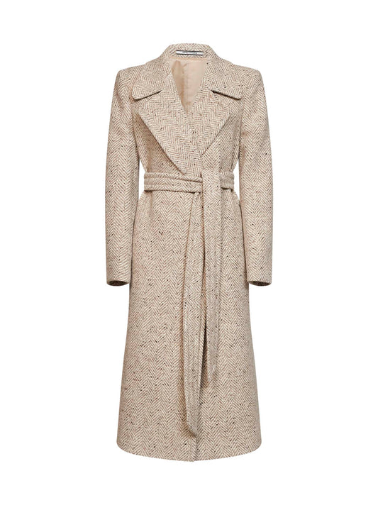 Cappotto lungo con cintura Molly in lana spigata puntinata avano