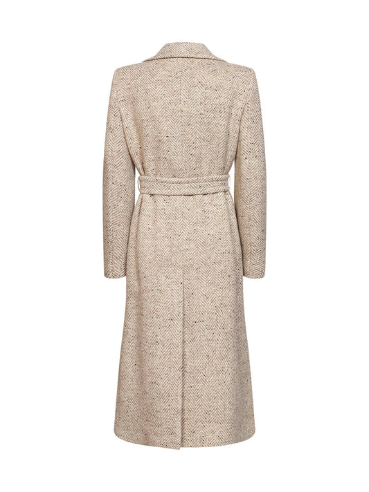 Cappotto lungo con cintura Molly in lana spigata puntinata avano