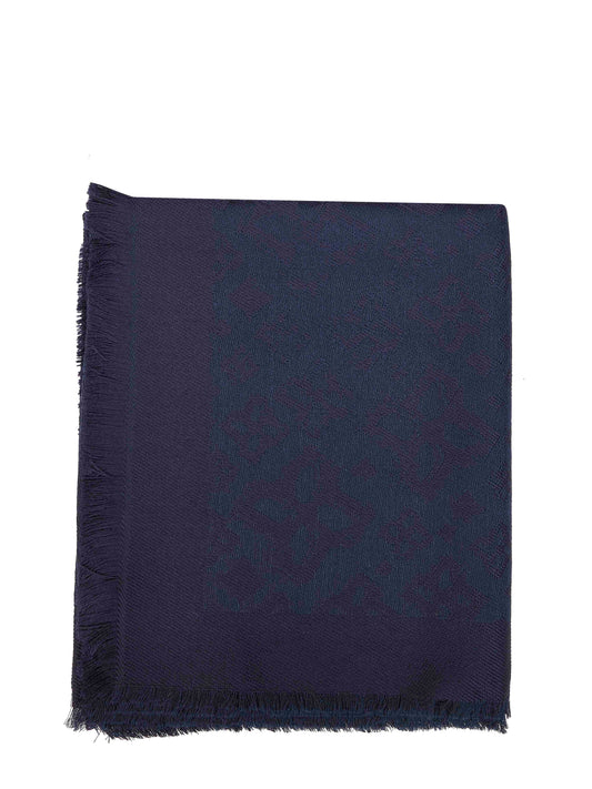 Blue jacquard wool scarf with all-over logo pattern