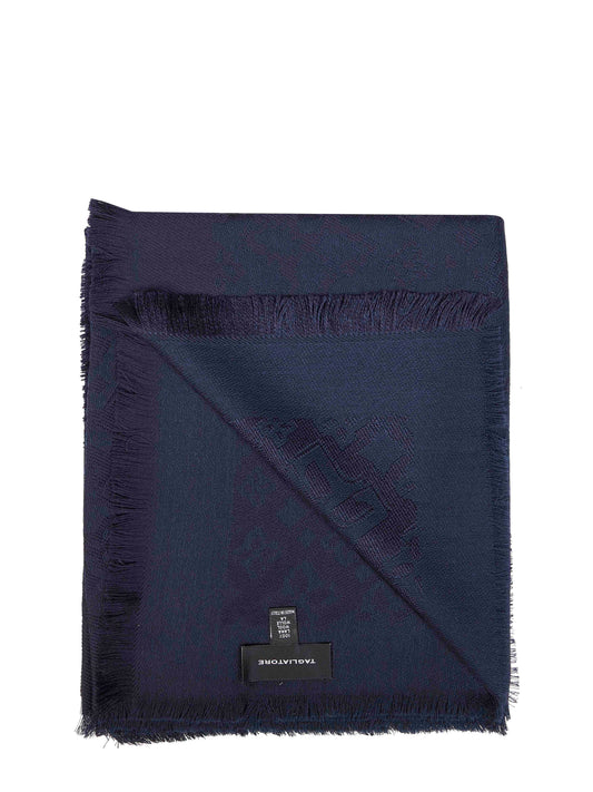 Blue jacquard wool scarf with all-over logo pattern