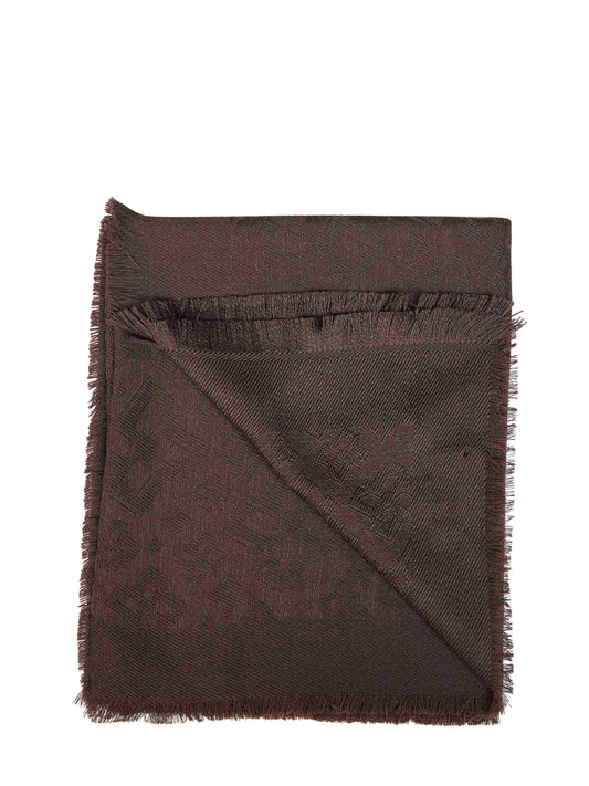Dark brown jacquard wool scarf with all-over logo pattern