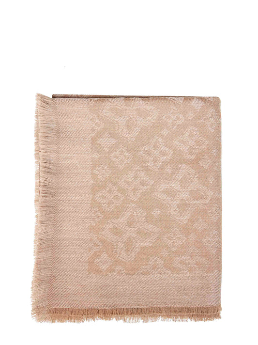 Taupe jacquard wool scarf with all-over logo pattern