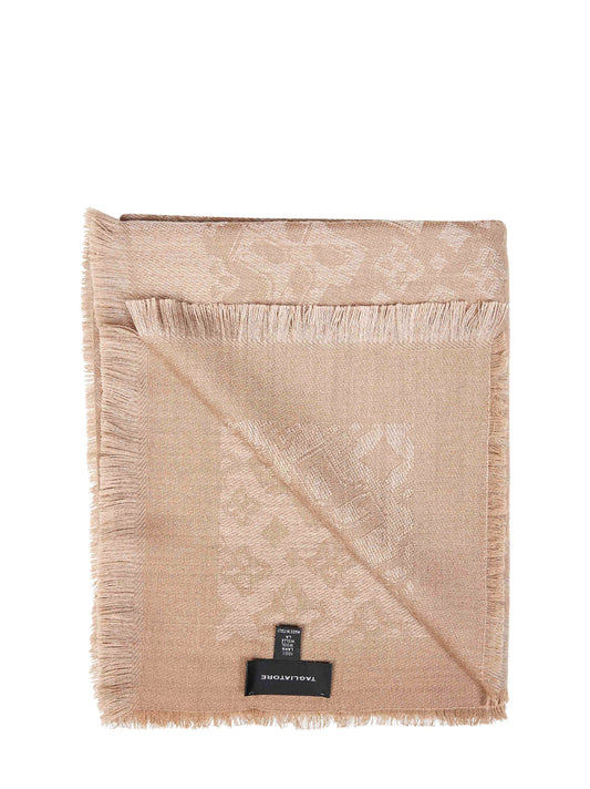 Taupe jacquard wool scarf with all-over logo pattern