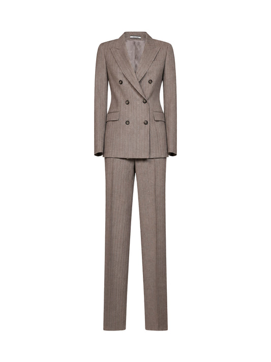 Taupe herringbone wool Parigi double-breasted suit with lamé pinstriped pattern.<BR/>