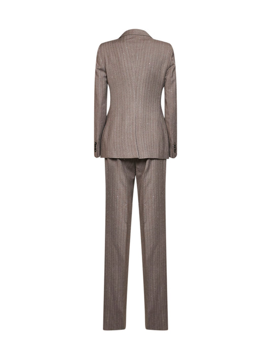 Taupe herringbone wool Parigi double-breasted suit with lamé pinstriped pattern.<BR/>