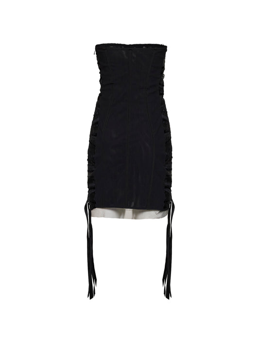 Miniabito bustier in tulle nero con dettaglio nastri
