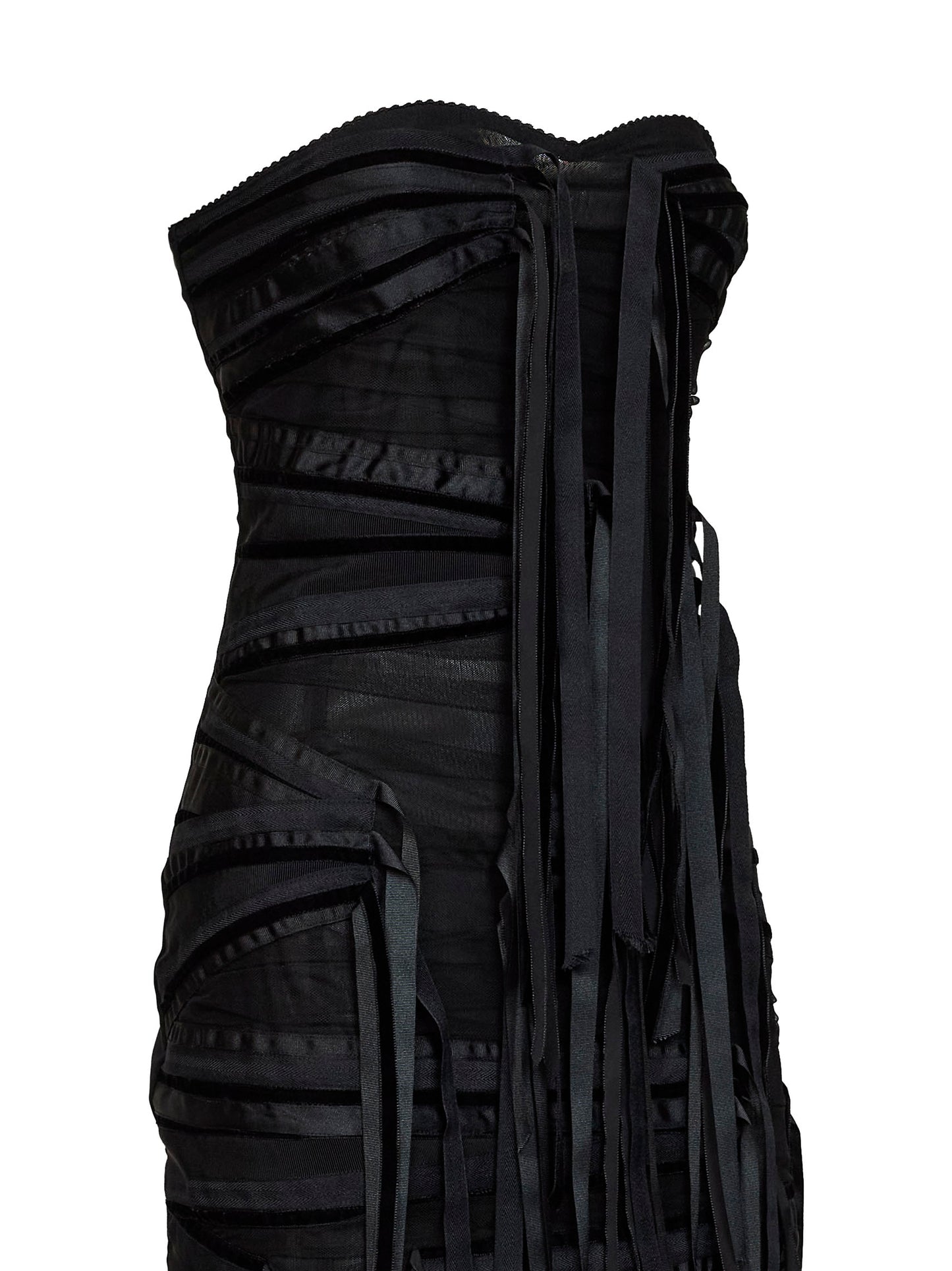 Miniabito bustier in tulle nero con dettaglio nastri