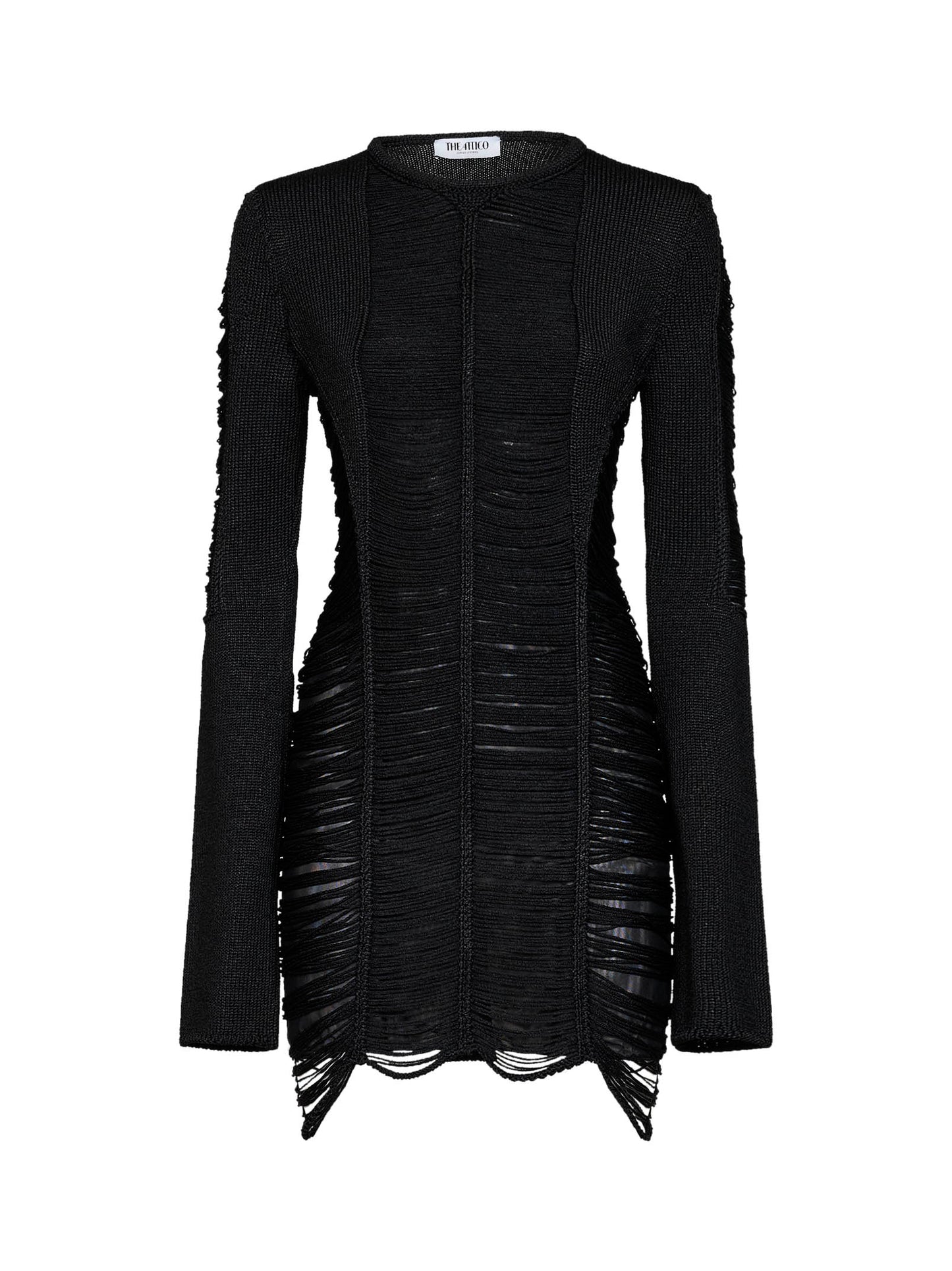 Miniabito in maglia di viscosa con frange nero<BR/>