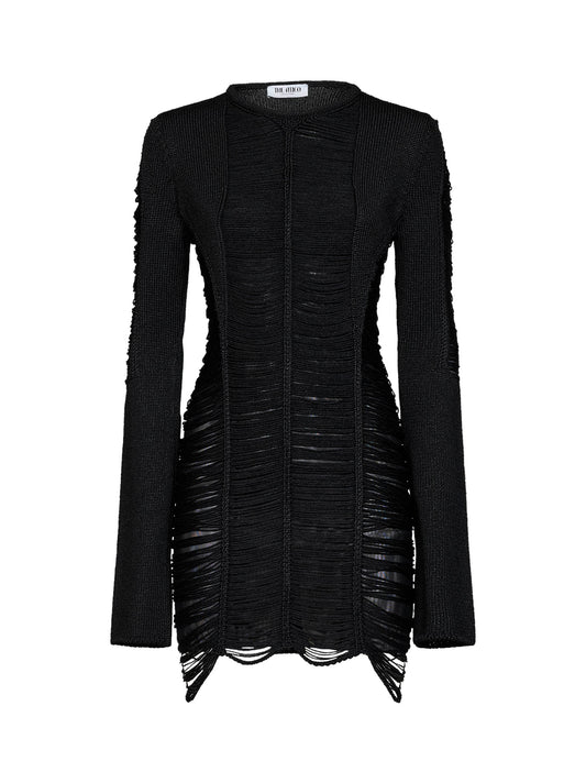 Black fringed viscose knit mini dress