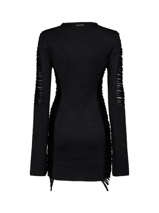 Black fringed viscose knit mini dress