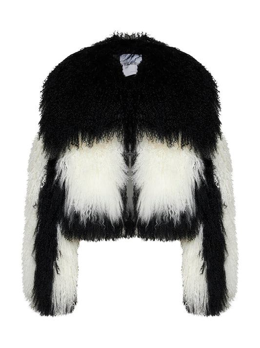 Black and natural two-tone Mongolian fur bomber jacket