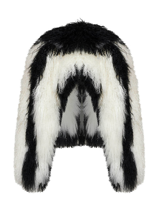 Black and natural two-tone Mongolian fur bomber jacket