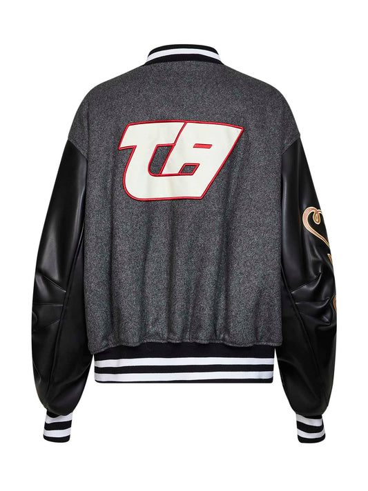 Dark grey wool blend and leather varsity jacket