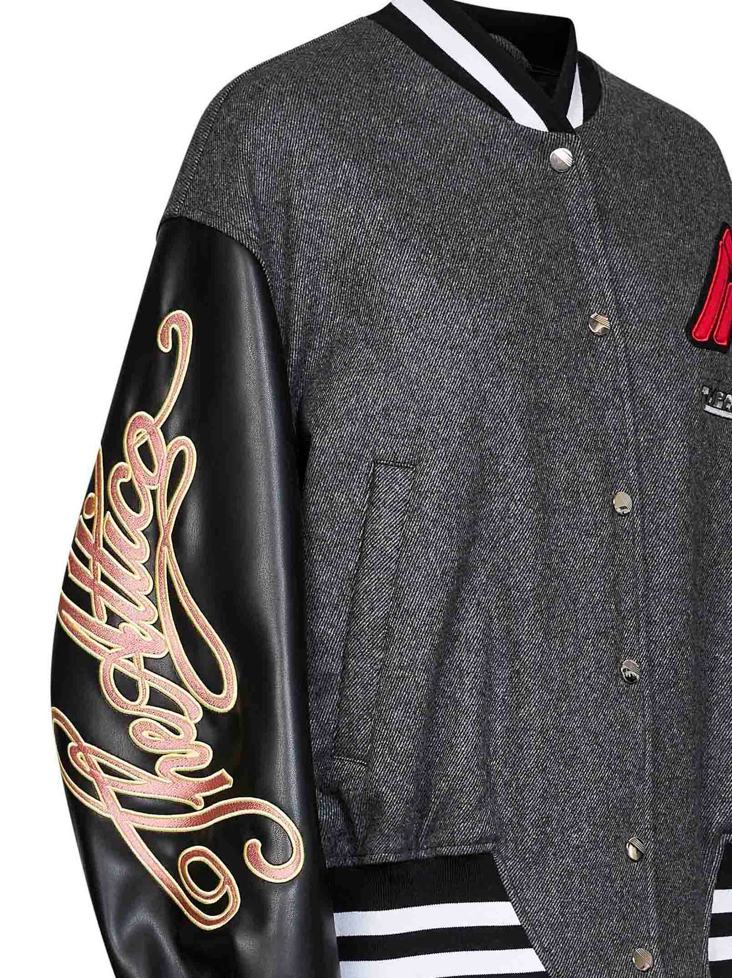 Dark grey wool blend and leather varsity jacket