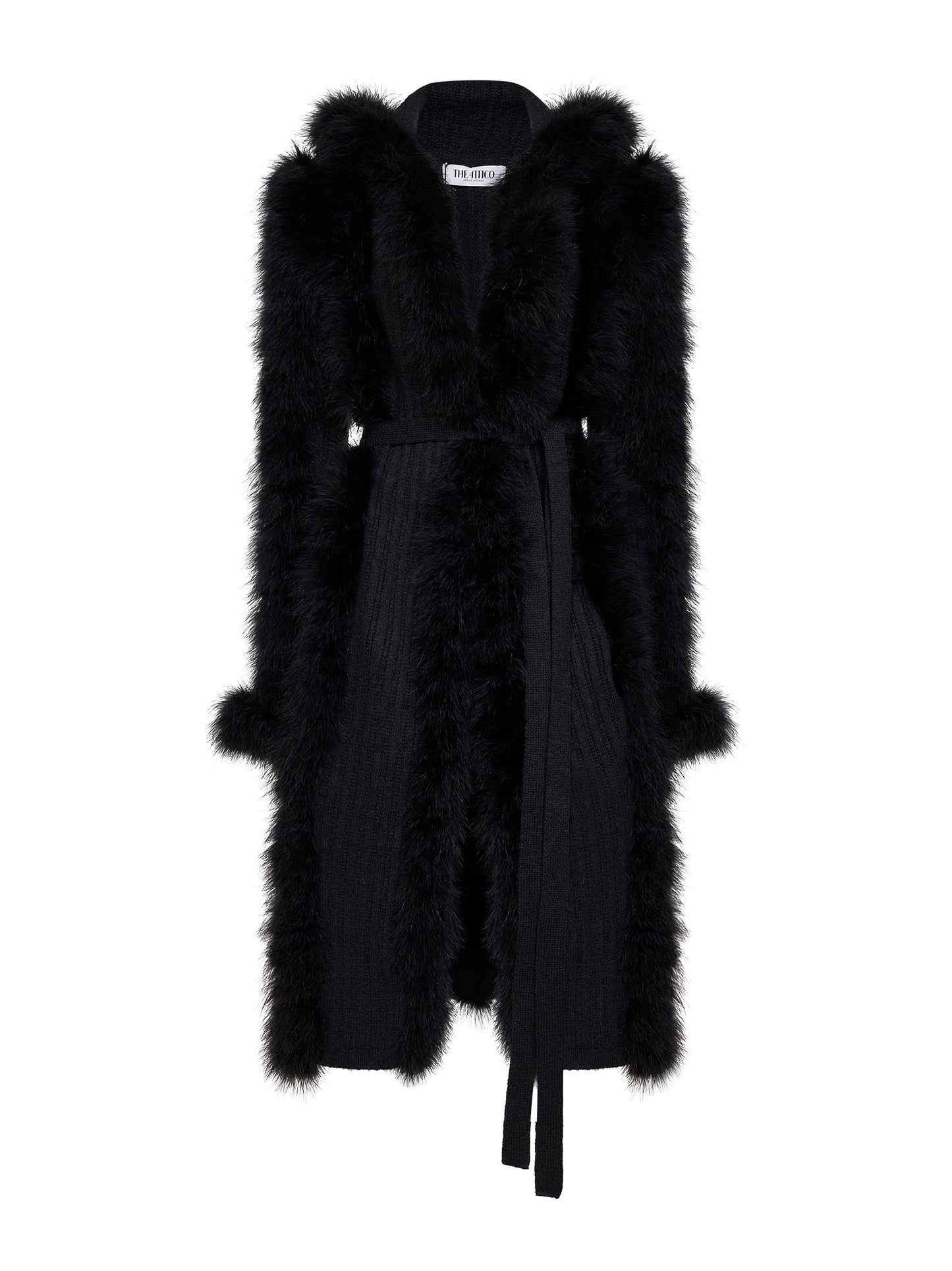 Black knit and feathers long belted cardigan