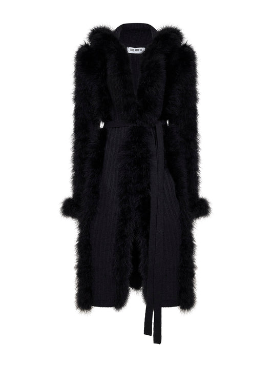 Black knit and feathers long belted cardigan