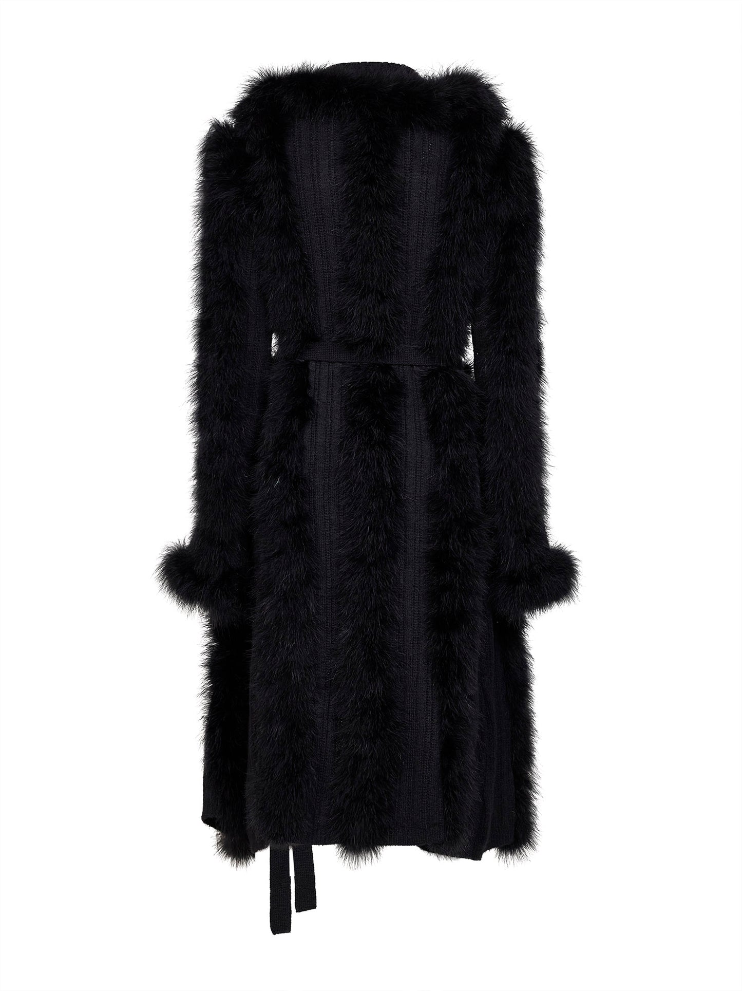 Black knit and feathers long belted cardigan