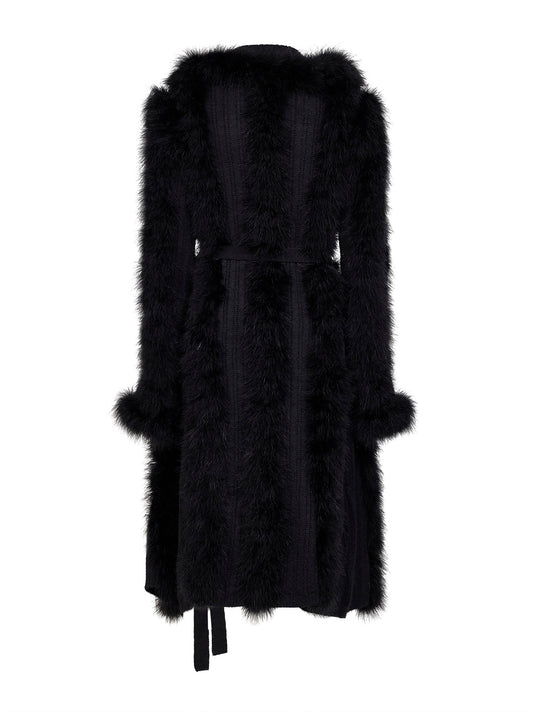 Black knit and feathers long belted cardigan