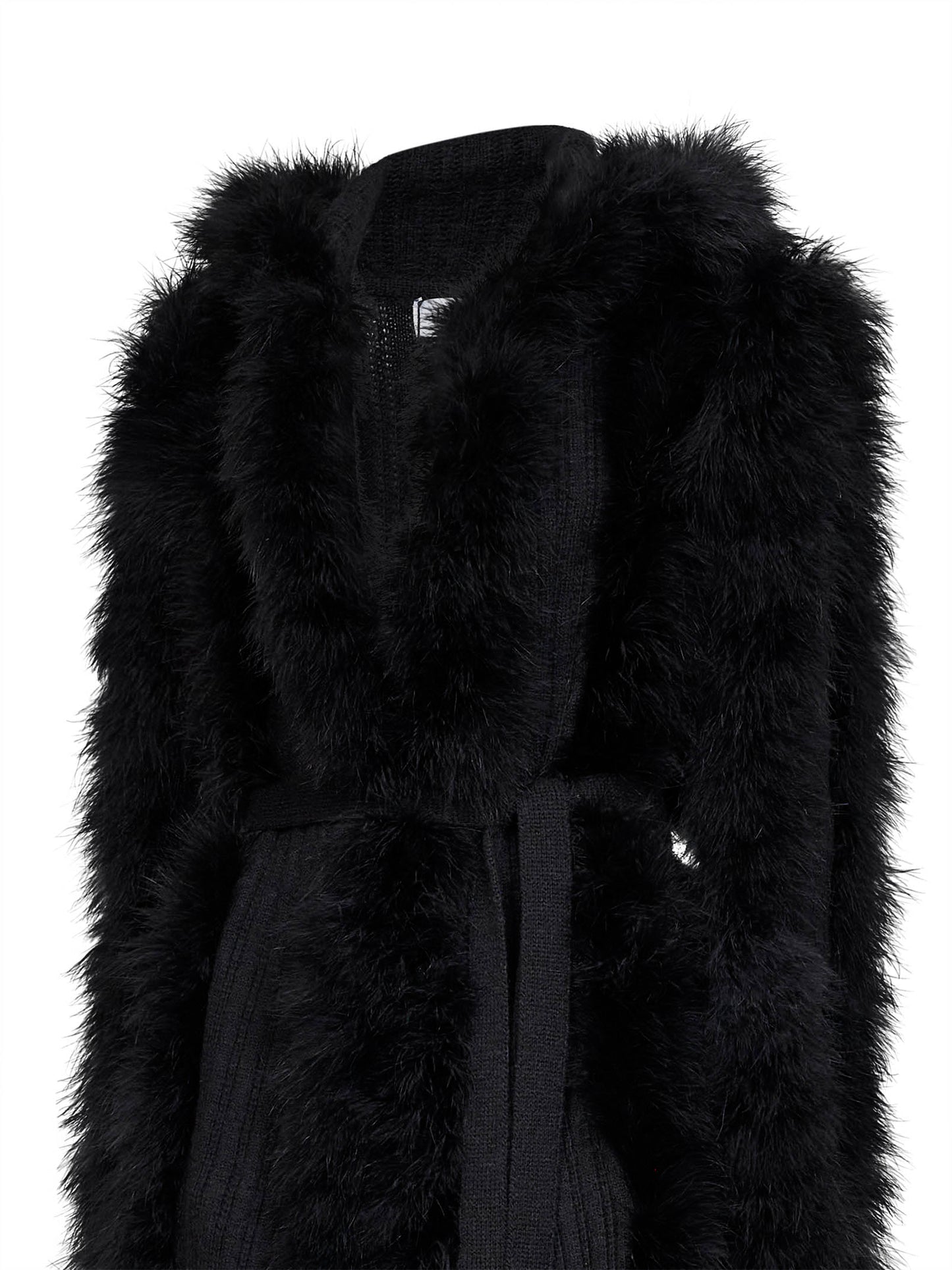Black knit and feathers long belted cardigan