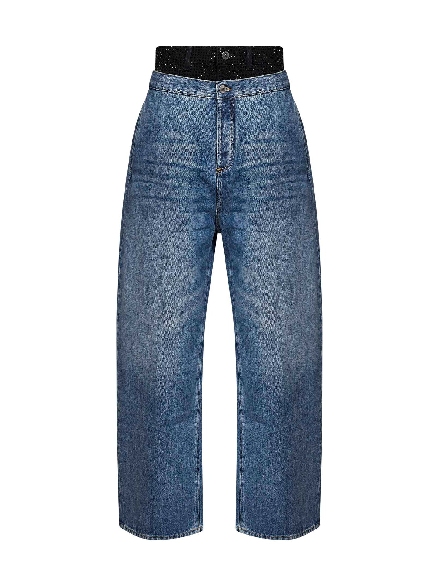 Blue cotton denim double waistband jeans