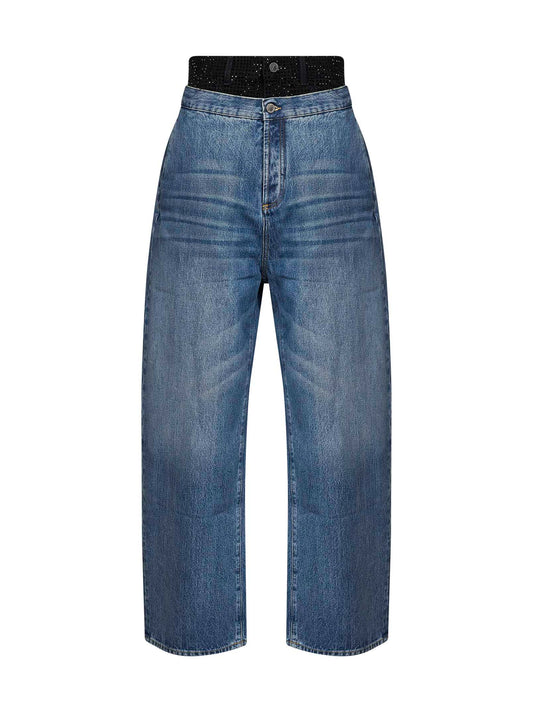 Blue cotton denim double waistband jeans